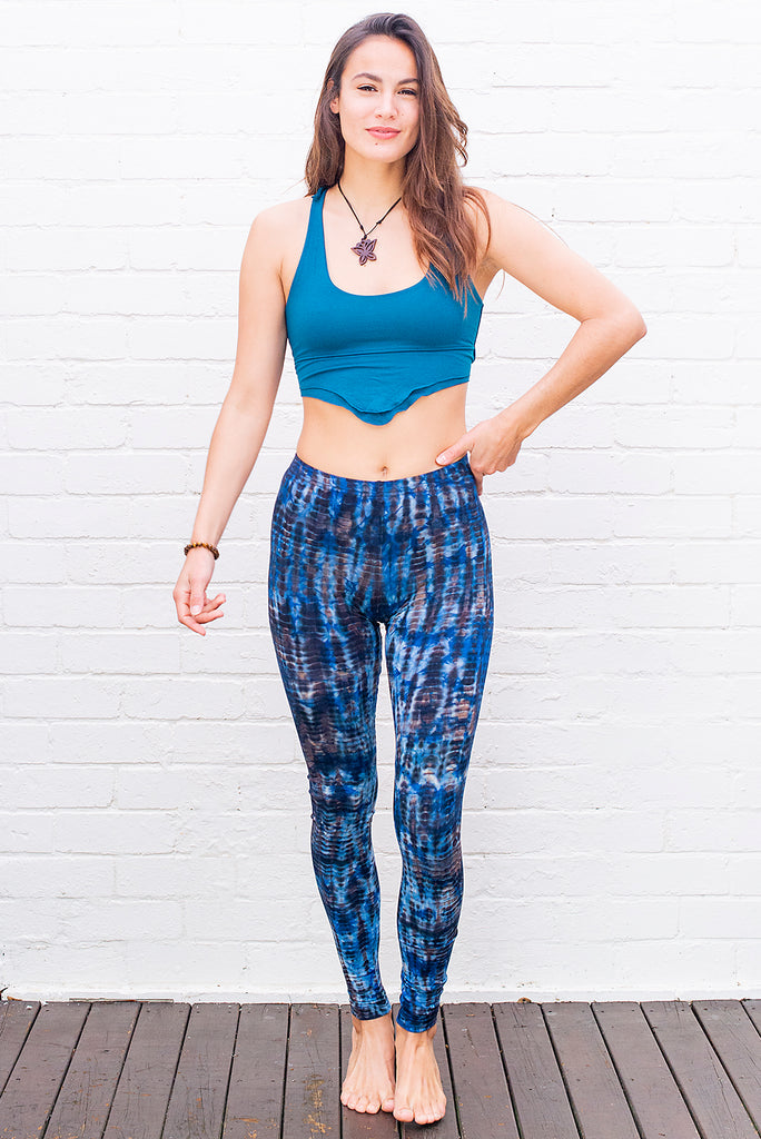 Blue snakeskin tie dye leggings yoga workout fitness pants front