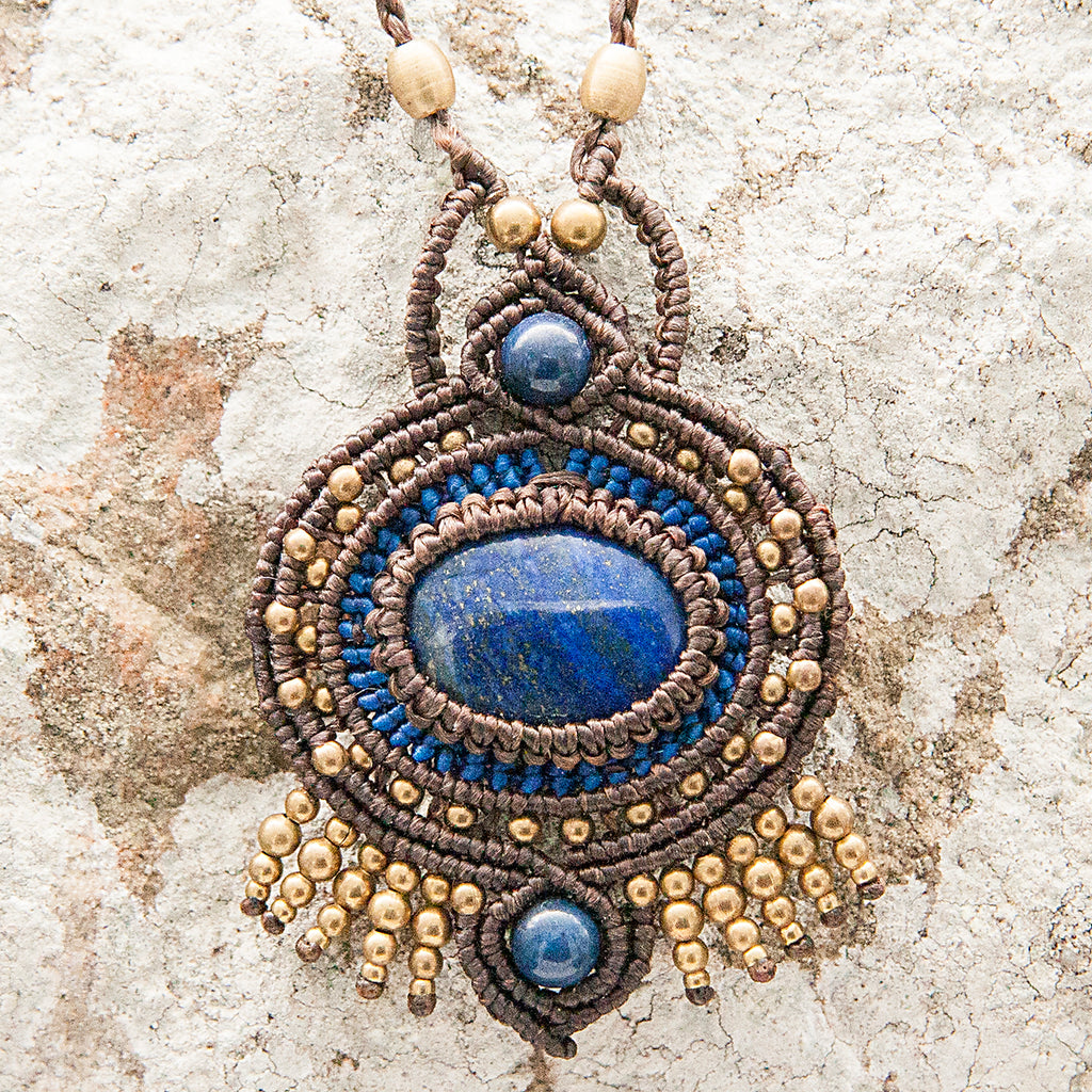 Ajna Macrame Pendant necklace with Lapis Lazuli Gem Stone handmade embroidered artisanal jewellery jewelry front detail