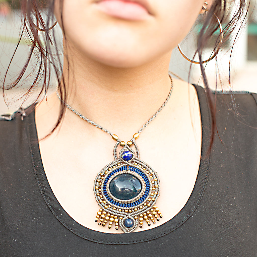 Ajna Macrame Pendant necklace with Kyanite Gem Stone handmade embroidered artisanal jewellery jewelry front