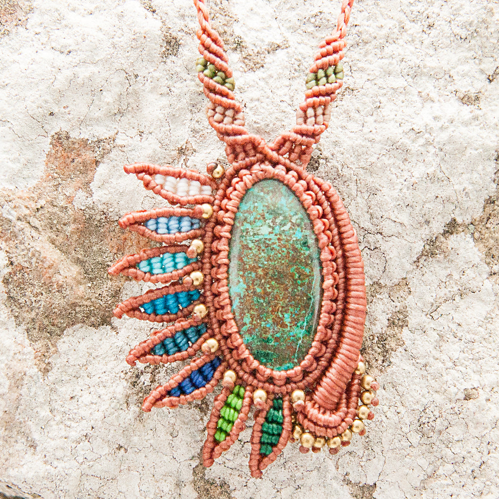 Shankha Macrame Pendant necklace with Chrysocolla Gem Stone handmade embroidered artisanal jewellery jewelry front close up