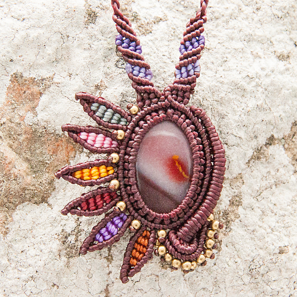 Shankha Macrame Pendant necklace with Mookaite Gem Stone handmade embroidered artisanal jewellery jewelry front close up