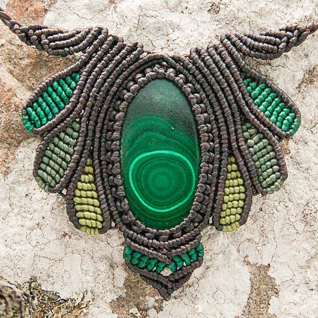 Vishuddha Macrame Pendant necklace with Malachite Gem Stone handmade embroidered artisanal jewellery jewelry front close up