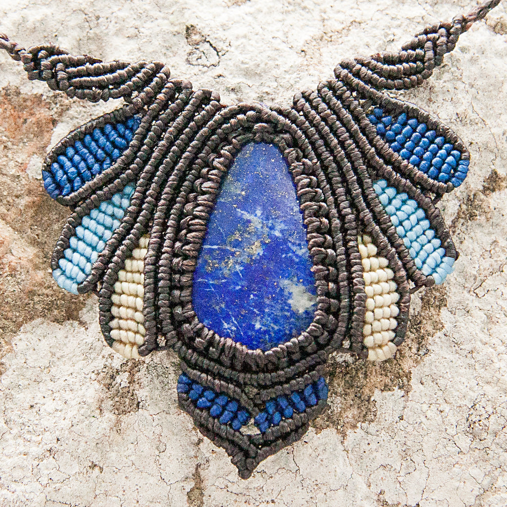 Vishuddha Macrame Pendant necklace with Lapis Lazuli Gem Stone handmade embroidered artisanal jewellery jewelry front close up