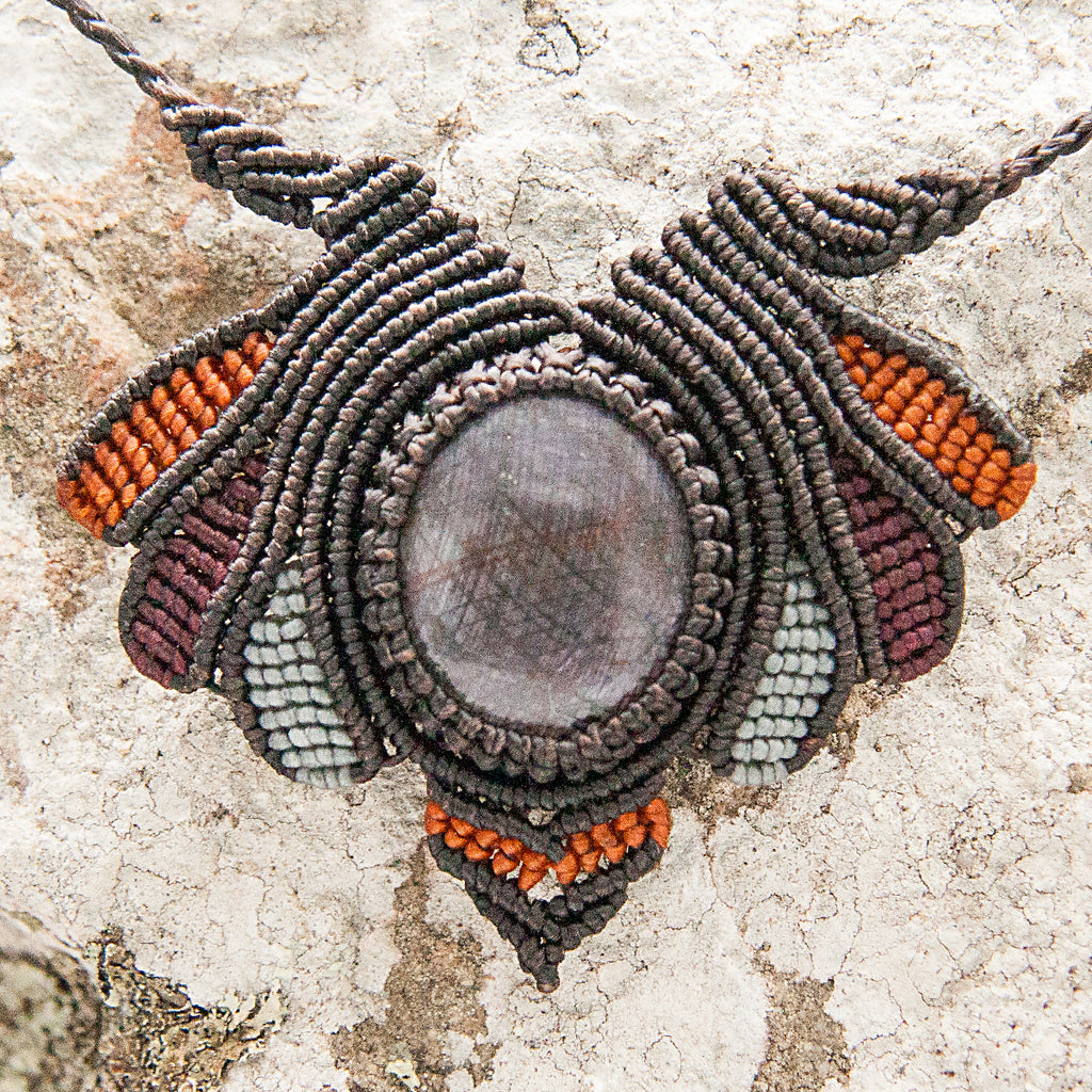 Vishuddha Macrame Pendant necklace with Star Ruby Gem Stone handmade embroidered artisanal jewellery jewelry front close up