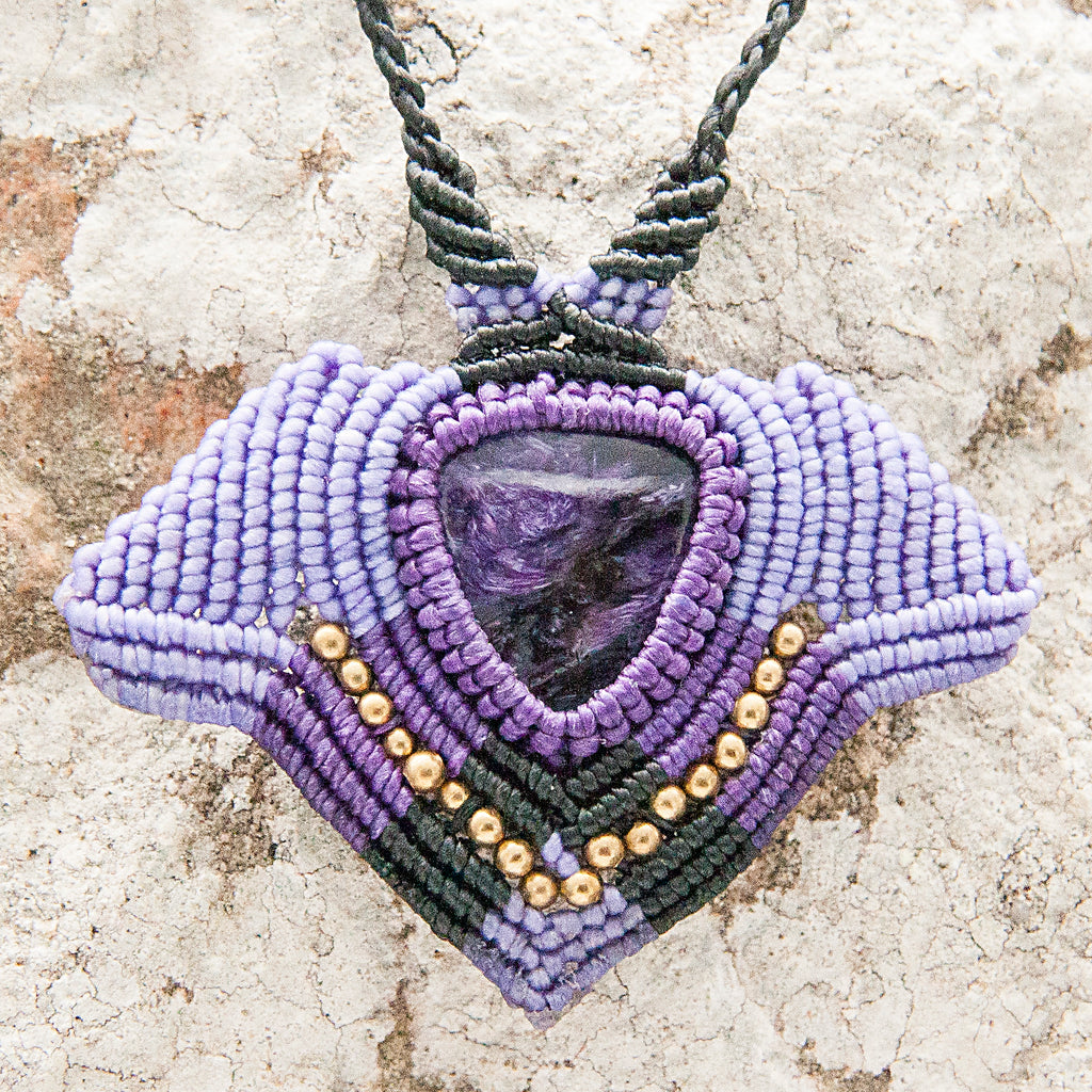Aura Macrame Pendant necklace with Sugilite Gem Stone handmade embroidered artisanal jewellery jewelry front close up