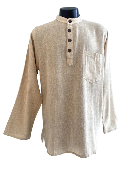four button round collared open weave raw cotton long sleeved shirt front