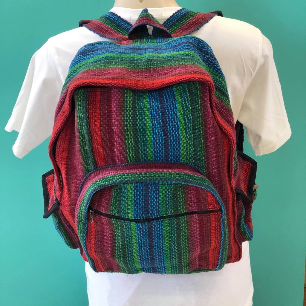 A colorful cotton backpack with pockets