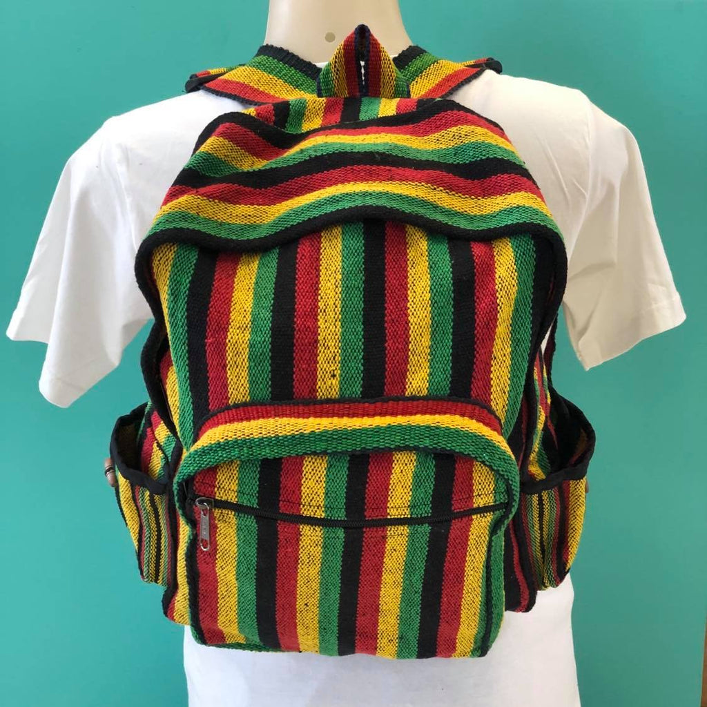 A cotton backpack featuring rasta colours