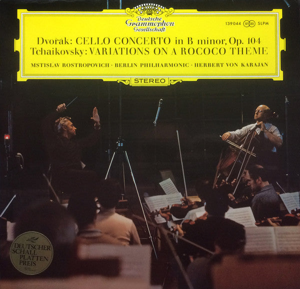 Antonín Dvořák / Pyotr Ilyich Tchaikovsky – Mstislav Rostropovich, Berliner Philharmoniker, Herbert von Karajan : Cello Concerto / Variations On A Rococo Theme (LP, Album, RE)