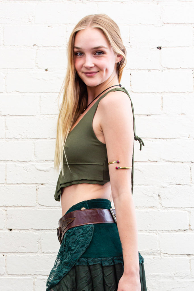 Lila crop top in army green v shaped and layered below the bust side