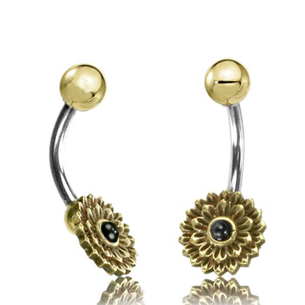 Two brass belly bars featuring a flower design with an onyx gem in the center