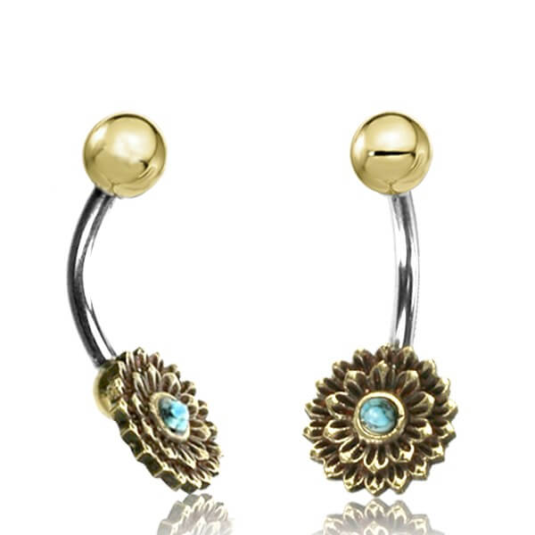 Two brass belly bars featuring a flower design with a turquoise gem