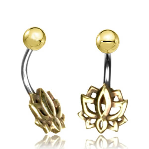 Two brass navel piercings featuring a lotus flower design on a white background
