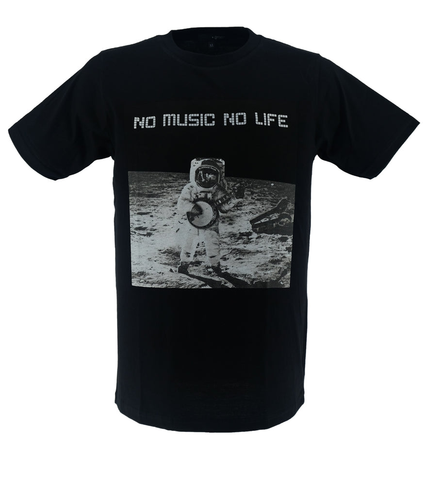 Black no music no life t-shirt, featuring an astronaut playing a guitar at the moon