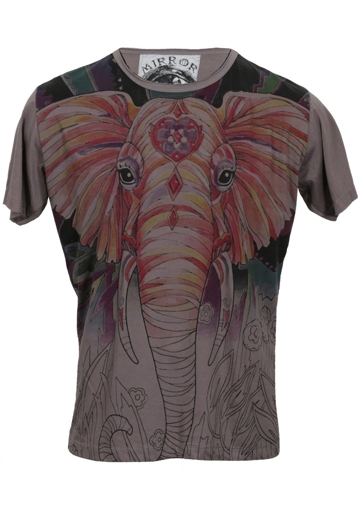 A t-shirt featuring a colourful elephant head design