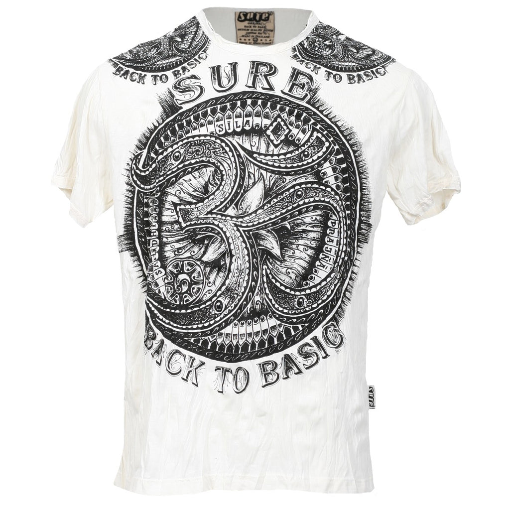 sure white crinkle finish t-shirt with trippy 3d om symbol pencil drawn graphic print on front