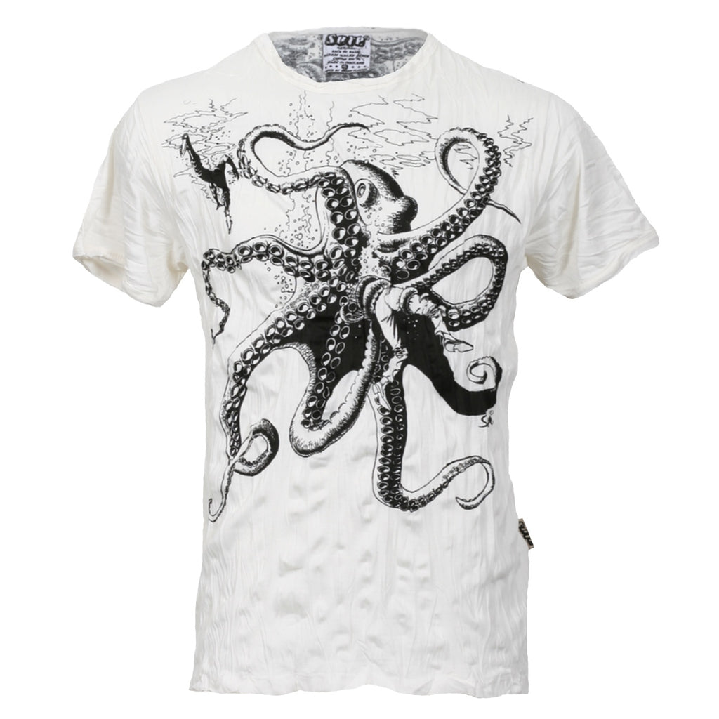 sure white crinkle finish t-shirt with giant octopus pencil drawn graphic print on front