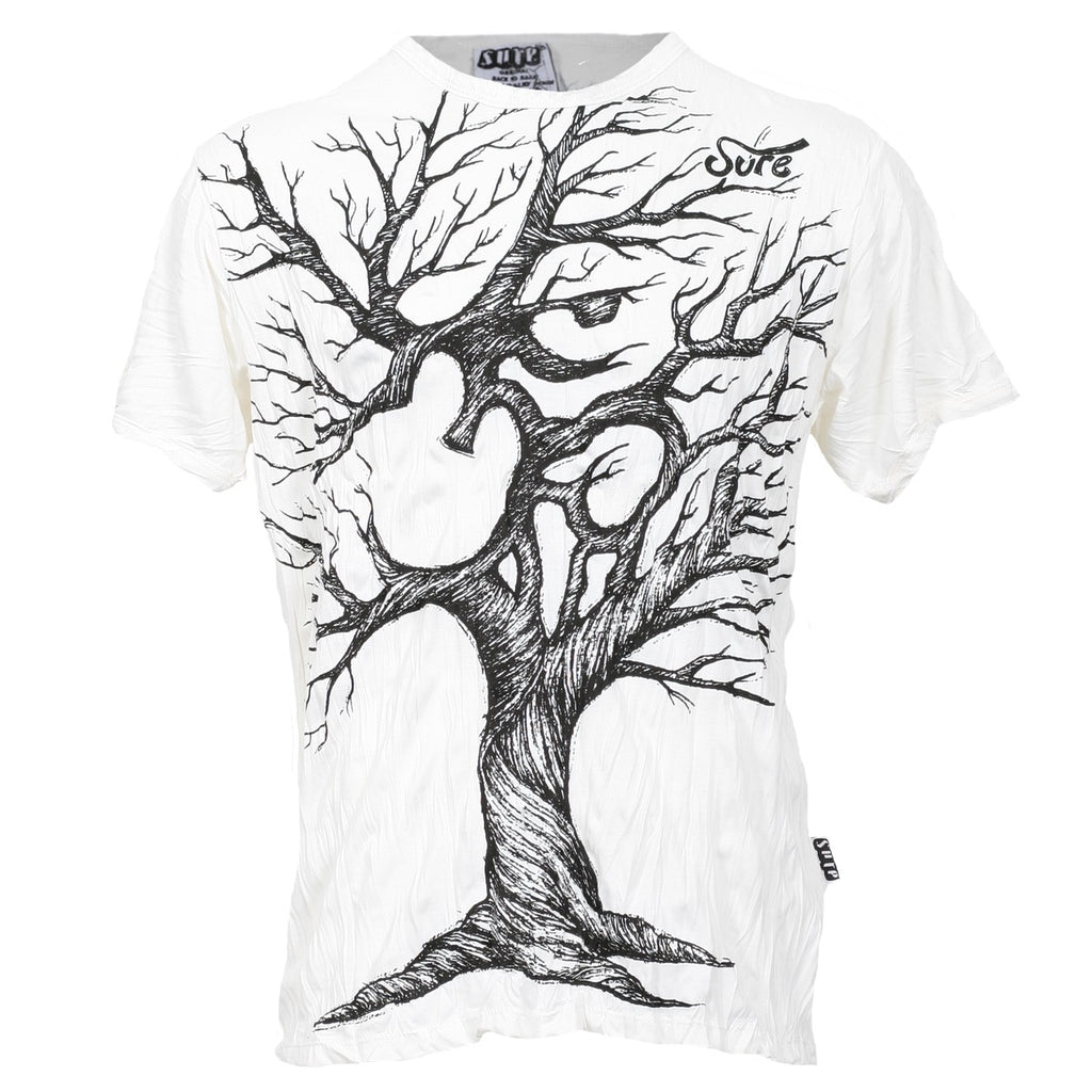 sure white crinkle finish t-shirt with weathered tree pencil drawn graphic print on front
