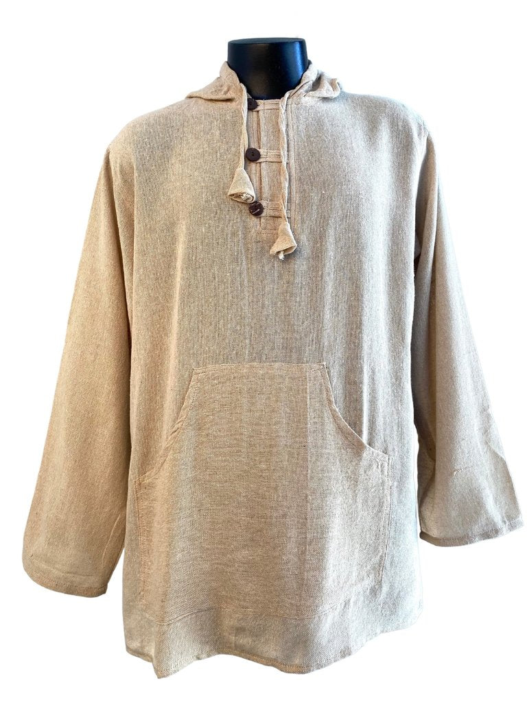 Natural cotton open-weave hoodie with three wooden button collar hood drawstring large pocket front