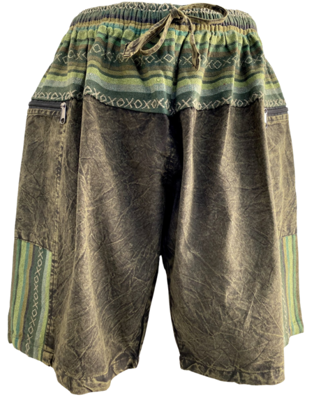green stone washed cotton elastic waist drawstring shorts woven detail fabric two zip pockets