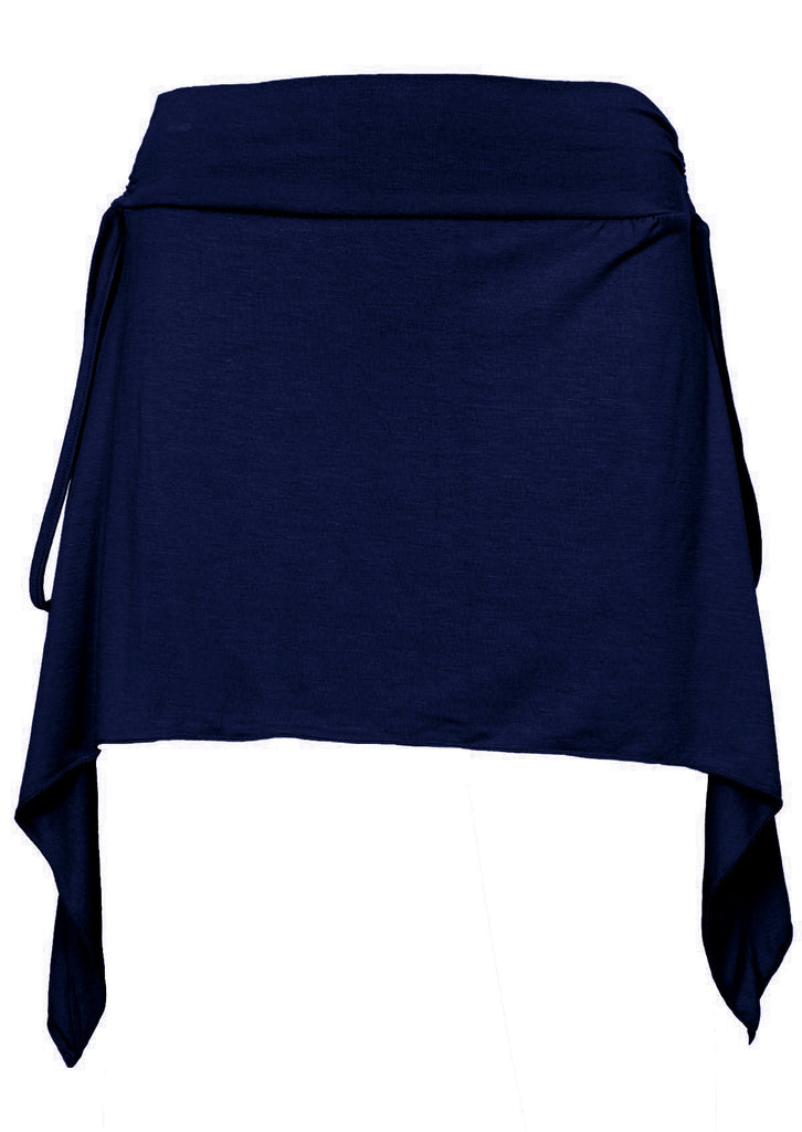 pixie mini skirt in navy blue with long ties and side drapes front