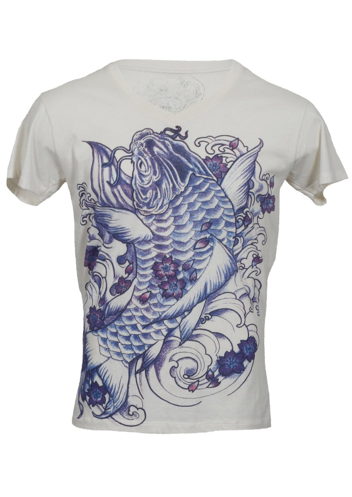 A white T-shirt featuring a Blue Koi printed design on a white background