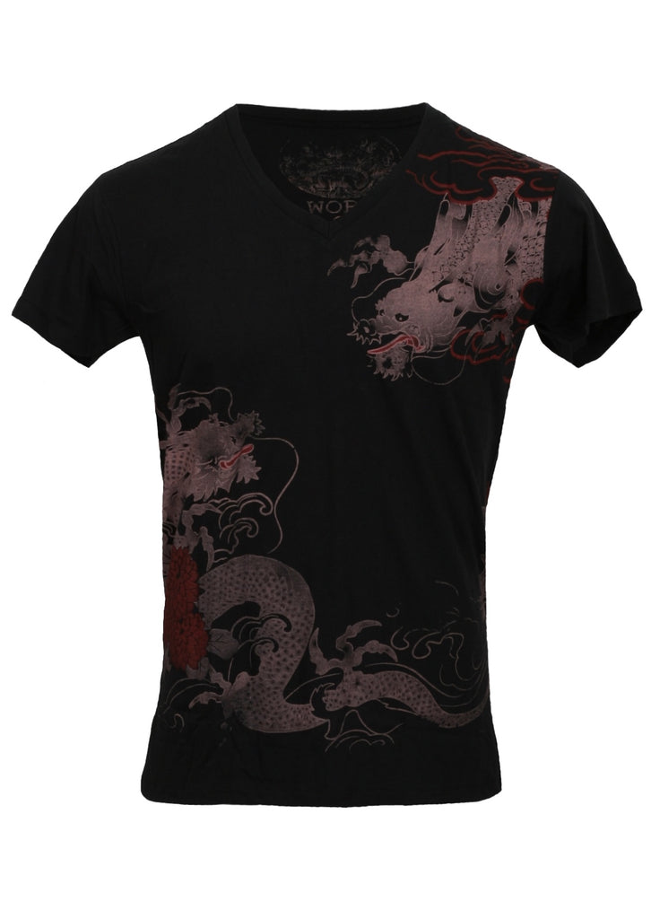 A black T-shirt featuring a dragon work design