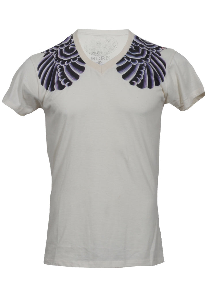 A white T-Shirt featuring two wings on the shoulders on a white background