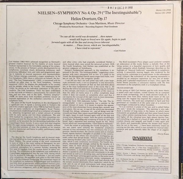 Nielsen* / Chicago Symphony*, Jean Martinon : Symphony No. 4 "The Inextinguishable" - Helios Overture (LP, Album, 3rd)