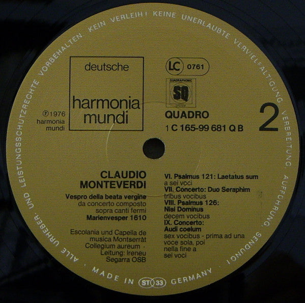 Claudio Monteverdi : Vespro Della Beata Vergine (2xLP, Album, Quad)