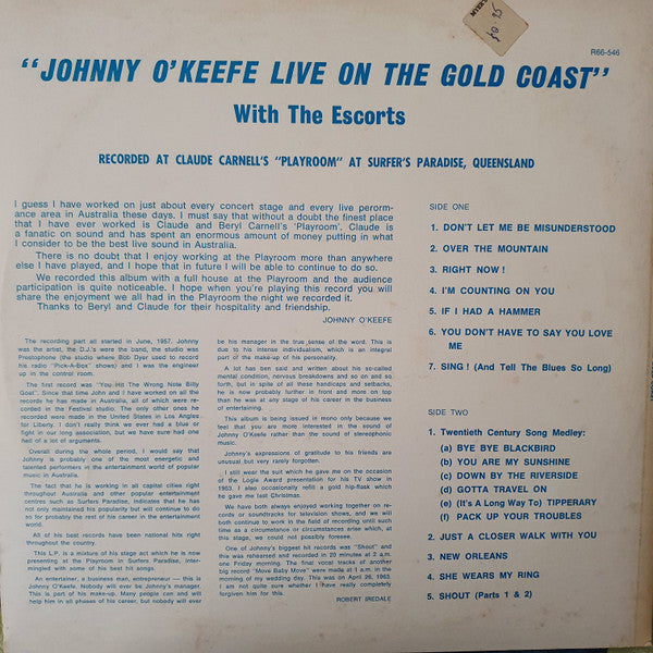 Johnny O'Keefe With The Escorts (8) : Live On The Gold Coast (LP, Album, Mono)
