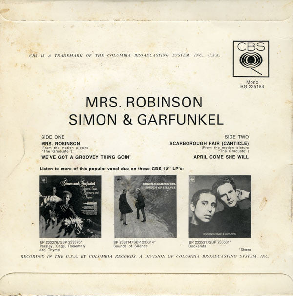 Simon & Garfunkel : Mrs. Robinson (7", EP, Mono)