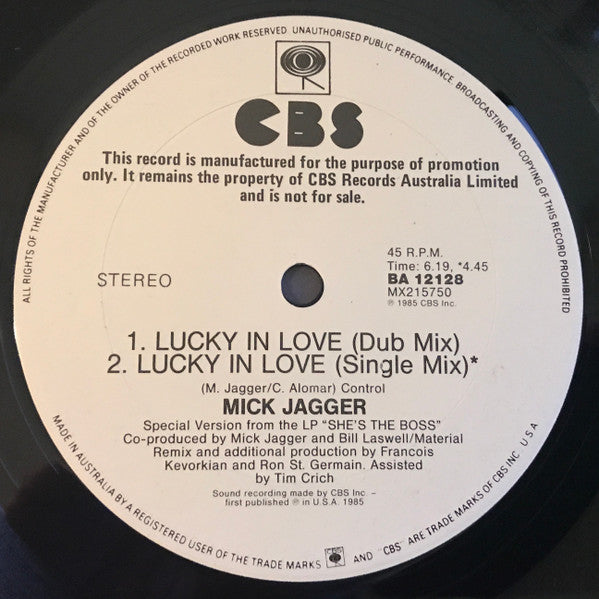 Mick Jagger : Lucky In Love  (12", Single, Promo)