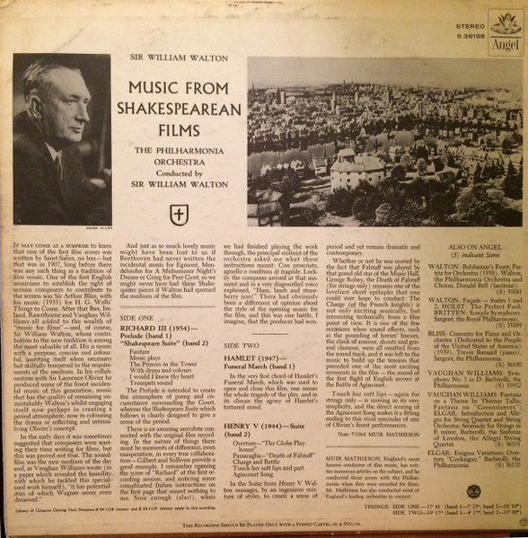 Philharmonia Orchestra Conducted By Sir William Walton : Music From Shakespearean Films (LP, Album)