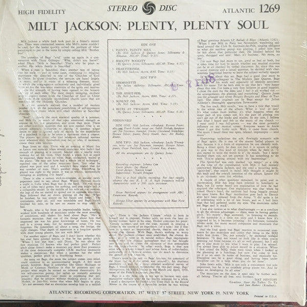 Milt Jackson : Plenty, Plenty Soul (LP, Album, RE, PR)