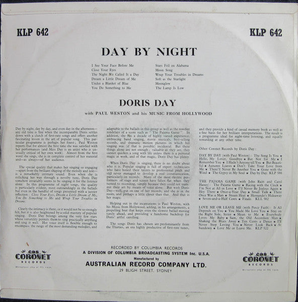 Doris Day With Paul Weston And His Music From Hollywood : Day By Night (LP, Album, Mono)