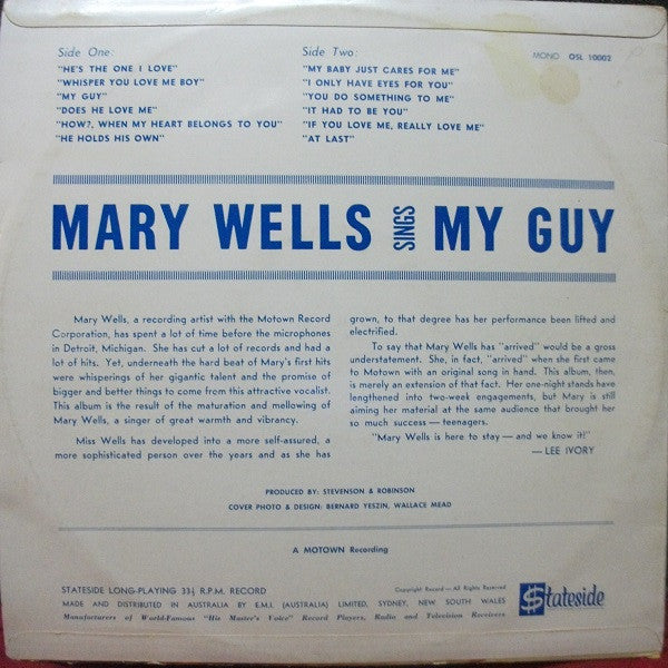 Mary Wells : Sings My Guy (LP, Album, Mono)