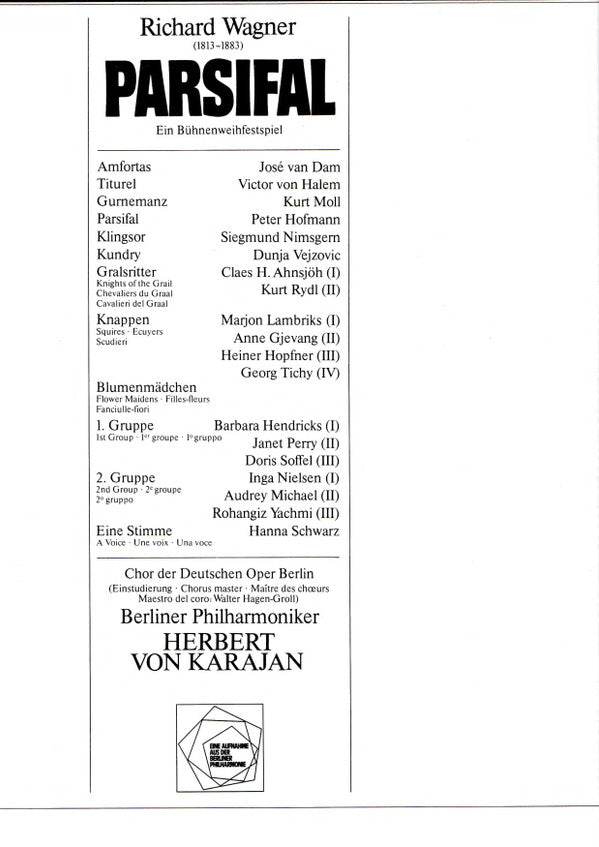 Richard Wagner - Peter Hofmann • Dunja Vejzović • Kurt Moll • José van Dam • Siegmund Nimsgern • Victor von Halem, Chor Der Deutschen Oper Berlin, Berliner Philharmoniker, Herbert Von Karajan : Parsifal (5xLP, Album + Box)