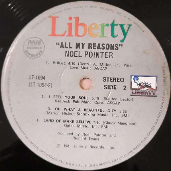 Noel Pointer : All My Reasons (LP, Album)