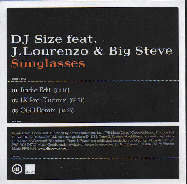 DJ Size feat. J.Lourenzo* & Big Steve (3) : Sunglasses (CD, Single, Promo)