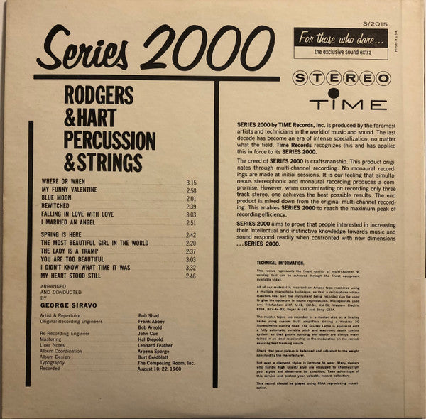 George Siravo And His Orchestra : Rodgers & Hart Percussion & Strings (LP, Album)