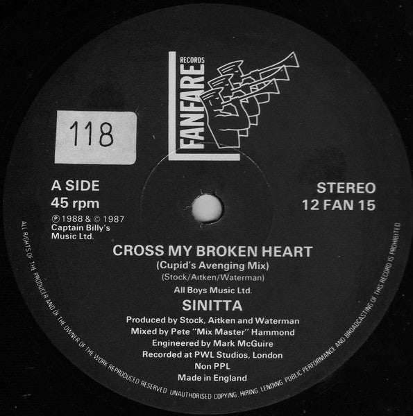 Sinitta : Cross My Broken Heart (Cupid's Avenging Mix) (12", EP)