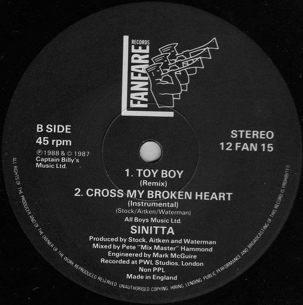 Sinitta : Cross My Broken Heart (Cupid's Avenging Mix) (12", EP)