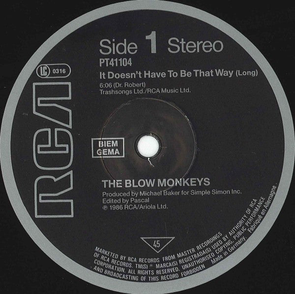 The Blow Monkeys : It Doesn't Have To Be This Way (12", Maxi)