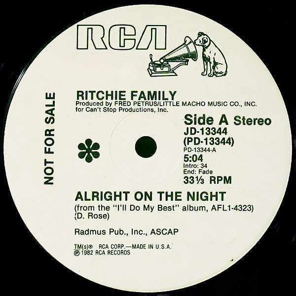 Ritchie Family* : Alright On The Night (12", Promo)