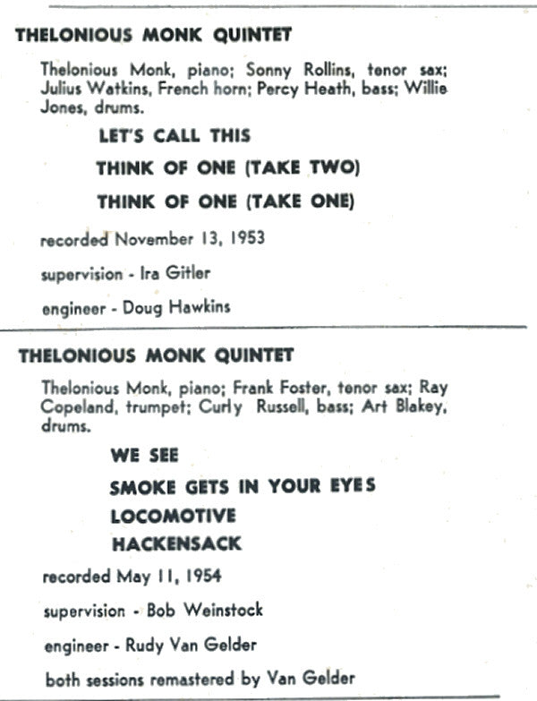 Thelonious Monk with Sonny Rollins and Frank Foster : Monk (LP, Album, RE, RM)