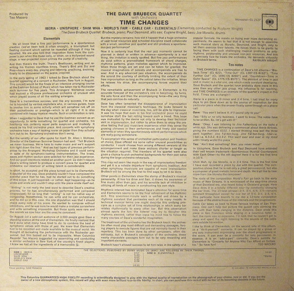 The Dave Brubeck Quartet : Time Changes (LP, Album, Mono)