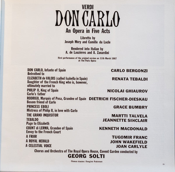 Verdi*, Ghiaurov* · Bergonzi* · Bumbry* · Tebaldi* · Fischer-Dieskau*, Chorus* & Orchestra Of The Royal Opera House, Covent Garden, Solti* : Don Carlo (4xLP, Album, RE + Box)