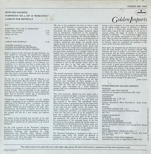 Howard Hanson, Eastman-Rochester Orchestra, Eastman School Of Music Chorus : Symphony No. 2, Op. 30 "Romantic"; Lament For Beowulf (LP, RE)