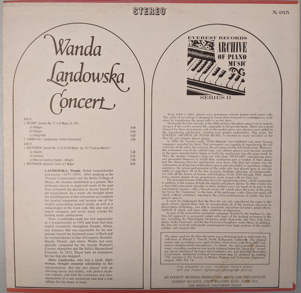 Wanda Landowska : Wanda Landowska Concert (LP, Album)